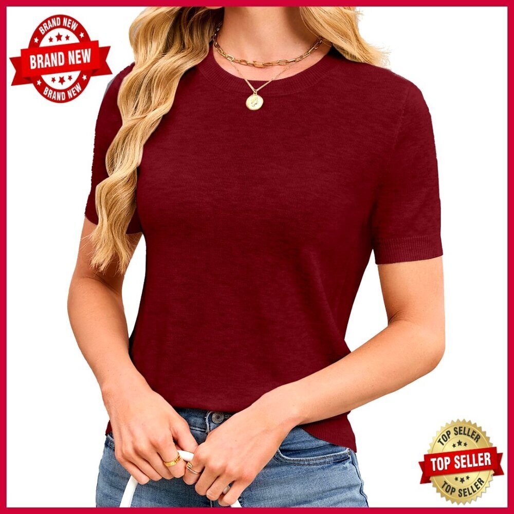 Short Sleeve Wool Blend Sweater Slim Fit Crew Neck Business Casual Top
